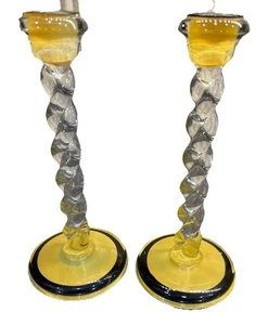 Vintage MCM Bold Black & Yellow Tall 10” Swirl Glass Candlestick Holders - Picture 1 of 8