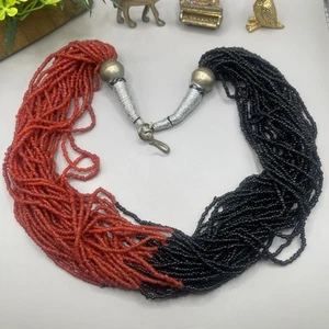 Vintage 34 Strand Black Red Glass Seed Bead Necklace Konyak Naga Tribal - Picture 1 of 6
