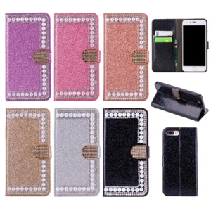 Pearl Bling Glitter Wallet Phone Case Cover For iPhone 11 12 13 14 Pro Max Plus - Picture 1 of 11