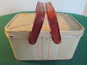 Vintage Tin Metal Small Picnic Basket Lunch Box Swing Handles Plaid Carrier MCM
