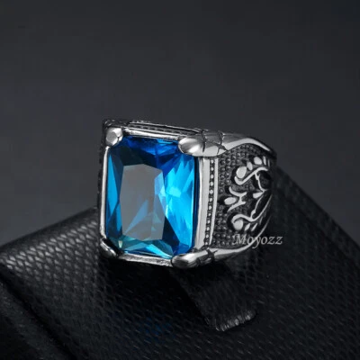Anillo de piedra de zafiro ónix simulado circonita cúbica azul para hombre de acero inoxidable talla 7-15 regalo Foto 1 de 4