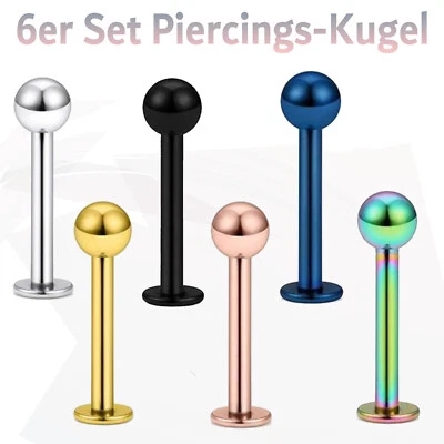 Piercings 6 Stück Labret Ohr Lippe Helix Tragus Stecker Kugel Rund+BLITZVERSAND - Bild 1 von 2