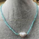 4Mm Faceted Blue Aquamarine Round Beads Baroque Keshi Pearl Pendant Necklace 18"