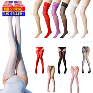 Womens Oil Shiny Glossy High Stockings Lace Silicone Stay Up Thigh-Highs Hosiery - Picture 1 of 73