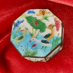 Antique China Cloisonné Octagonal Box Cranes Flowers Leaves Water Ecology Damage - Picture 1 of 6