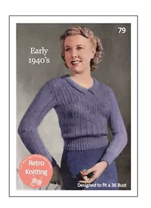 1940s Wartime Sweater with Collar Knitting Pattern Bust 36 - Picture 1 of 2