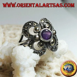 Anillo de Plata 925‰ Amatista Natural Con Marcasita en Su Montura A Círculos - Imagen 1 de 2