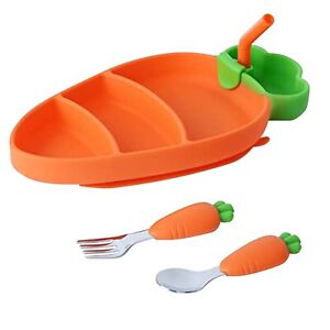 Silicone Carrot Shape Tableware Set Spoon Fork Straw Plate Suction Bottom