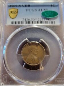 1909 S VDB Key Date Lincoln Cent PCGS AU 50 CAC Approved!  Perfect Album Coin!