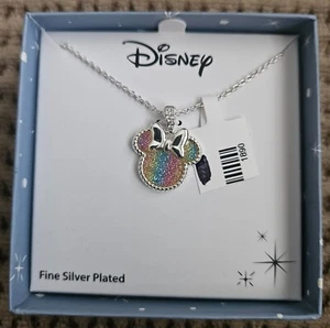 NEW Disney Minnie Mouse Jewelry Rainbow Glitter Silver Plated Necklace - Picture 1 of 7