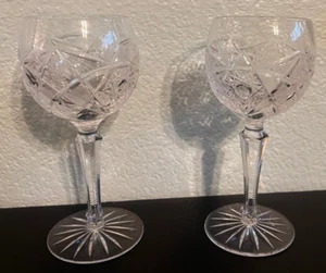 2 European Czech Bohemian Pinwheel Cut Crystal Wine Hock Goblets Glasses 7 1/2" - Picture 1 of 10