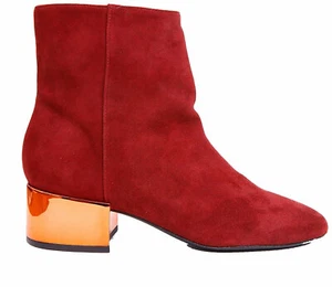 Ivy Kirzhner Ringo Red Suede Metallic Gold Block Heel Chic Designer Ankle Bootie - Picture 1 of 2