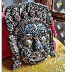 Antike seltene Nevar tibetische buddhistische Messingmaske Mahakala Türkis Lapis Koralle - Bild 1 von 22