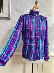 Vintage 1980's FORTINA Purple Turquoise Satin High Neck Retro Boho Blouse 10 - Picture 1 of 6