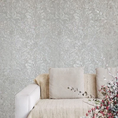 Embossed beige tan cream plaster textured Victorian Italian damask Wallpaper 3D - Image 1 of 4