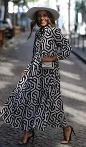 Zara Ecru White Black Geometric Karen Tiered Long Midi Bloggers Dress L UK 12 14 - Picture 1 of 19