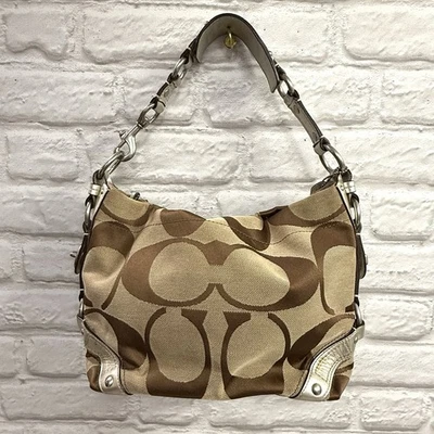 COACH SIGNATURE SATEEN CARLY HANDBAG HOBO KHAKI METALLIC GOLD LEATHER M072610619 - Image 1 of 4