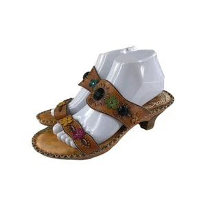 Spring Step VIA CA Brown Leather Floral Slide US 9.5 Kitten Heels Sandals Shoes - Picture 1 of 10