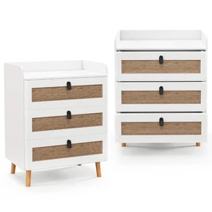 Modern 2 PCS Nightstand End Bedside Table w/ 3 Rattan Drawers & Solid Wood Legs - Picture 1 of 8
