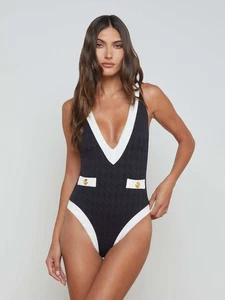 L'Agence R2567 Lisa Color Blocked V-Neck One Piece Swimsuit, Black/White, M - Picture 1 of 9