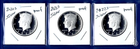 2020 S, 2021 S and 2022 S SILVER Proof Kennedy Half Dollar Set - 3 Coins Cover