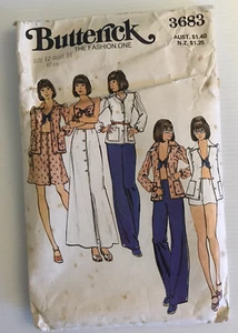 Butterick 3683 Vintage 70s Sewing Pattern Shirt Bra-Top Skirt Pants Shorts SZ:12 - Picture 1 of 9