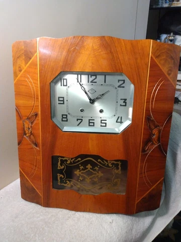 Antique French Art Deco FBL 15 JOURS Wall Clock Gloss Wood Mech Ok As-Found LOOK Cover
