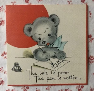Tarjeta de felicitación de cumpleaños vintage de la década de 1930 linda oso de peluche, pluma y tinta pozo - Imagen 1 de 5