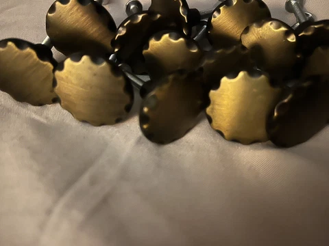 MCM cabinet knobs. 14 Antique Gold Round  Scalloped Around Edge, 1x1 1/2” Cover