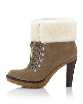 Botines de diseñador de gamuza topo VIA SPIGA LEY con cordones y puño de piel de oveja 7,5 M Foto 1 de 4