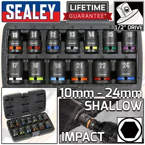 SEALEY 1/2" Drive IMPACT Socket Set 10mm - 24mm Shallow Impact Sockets 6PT HEX - Picture 1 of 11