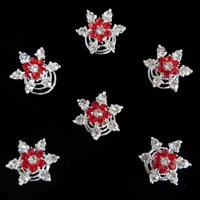 6 épingles spirales twister cheveux mariage mariée fleur cristal rouge blanches - Photo 1/2