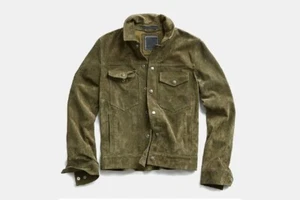 Men's Olive Green Suede Jacket Trucker Shirt Snap Button Closure Coat - Picture 1 of 3