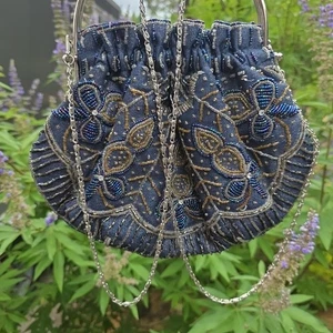 Vintage Clutch Handbag Beaded Tapestry Chrome Clasp Top Handle Crossbody 23" - Picture 1 of 12