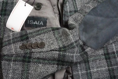 Isaia Napoli Gray Green Plaid Tweed Gray Leather Elbow Sport Coat Jacket 36R NEW - Image 1 of 4