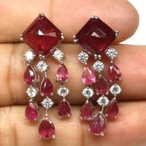 925 Sterling Silver Red Ruby & Cubic Zirconia Earrings White Gold Plated - Picture 1 of 4