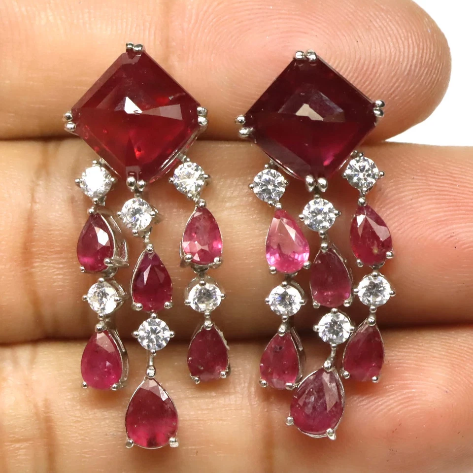925 Sterling Silver Red Ruby & Cubic Zirconia Earrings White Gold Plated - Image 1 of 4