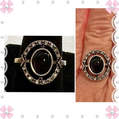 Ring - size 7.5 - black onyx encircled by clear rhinestones - silvertone - new - Image 1 of 4