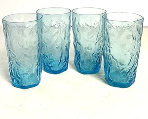 4 Libbey Vintage Glass Aztec Bleu Blue Ice Textured Crinkle 12 oz. Tumblers MCM - Picture 1 of 6