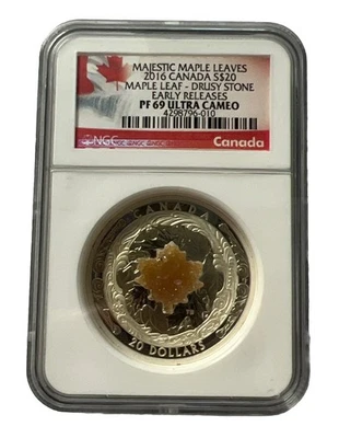 2016 Canada $20 Majestic Maple Leaves with Drusy Stone 1oz Silver NGC PF 69 UCAM - Image 1 of 4