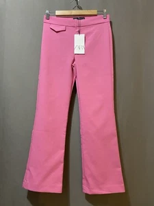 NWT ZARA Women Zip Front Mid-Rise Cotton/Poly Stretch Flare Crop Pants SZ S Pink - Picture 1 of 14