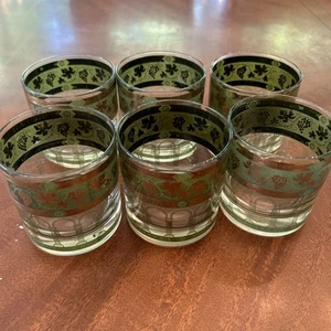 (6)Vintage MCM Cera Barware Low ball Rocks Glasses 22K Gold. Green. Grape vine - Picture 1 of 5