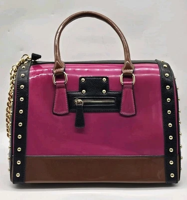 Fuchsia Dasein Womens Barrel Bag Shiny Patent Faux Leather Handbag 12x9x7 - Image 1 of 4