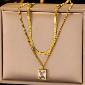 Gold-Plated Anti Tarnish White Sapphire Geometric Layered Necklace - Picture 1 of 8