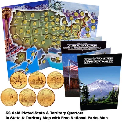 Complete 56 State and Territory Quarter Collection Gold Plated in Folder Map COA - Image 1 of 4
