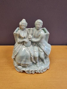 Vintage Lt. Blue Ceramic Victorian Couple Sitting With Mandolin Planter - Picture 1 of 10