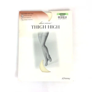 JCPenney Sheer Caress Thigh High Stockings Sz Average Medium Bone Lace Top - Picture 1 of 5