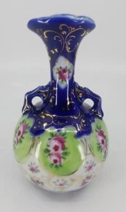 Antique Japanese Nippon Porcelain Two Handle Vase Floral Cobalt Gold 5.75" - Picture 1 of 6
