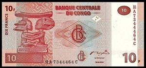 CONGO 10 Francs 2003 UNC P-93a Printer: Giesecke & Devrient (Germany) - Picture 1 of 2