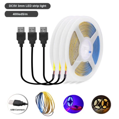 3mm 5V COB LED Strip Light Flexible 400Led/m High Density USB COB Led Tape Light - Image 1 of 4